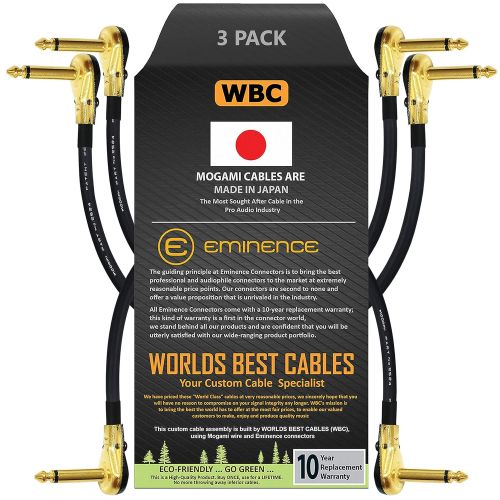  3 Units - 10 Inch - Pedal, Effects, Patch, Instrument Cable Custom Made by WORLDS BEST CABLES  Made Using Mogami 2524 Wire and Eminence Gold Plated ¼ inch (6.35mm) R/A Pancake Typ