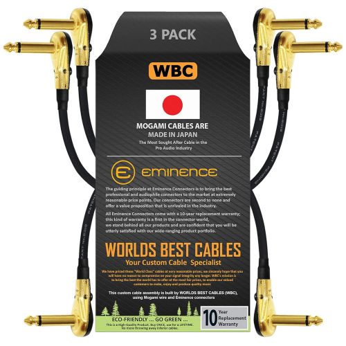  3 Units - 5 Inch - Pedal, Effects, Patch, Instrument Cable Custom Made by WORLDS BEST CABLES  Made Using Mogami 2319 Wire and Eminence Gold Plated ¼ inch (6.35mm) R/A Pancake Type