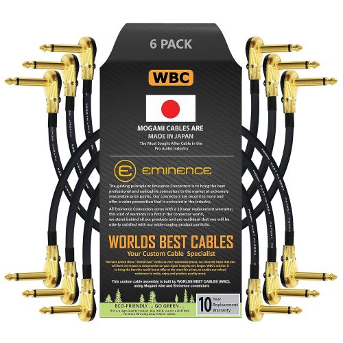  WORLDS BEST CABLES - 6 Units - 8 Inch - Pedal, Effects, Patch, instrument cable custom made using Mogami 2524 wire and Eminence Gold Plated ¼ inch (6.35mm) R/A Pancake type Connect