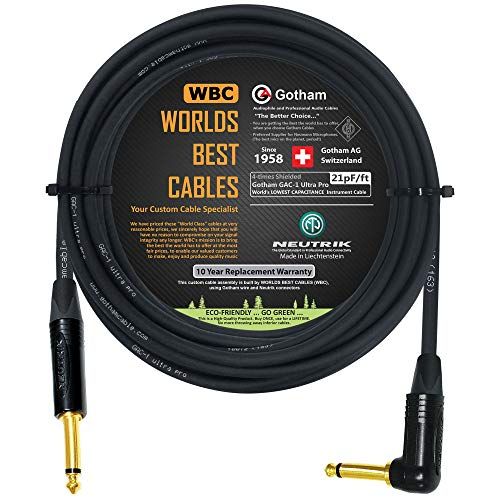  WORLDS BEST CABLES 25 Foot - Gotham GAC-1 Ultra Pro - Premium Low-Cap (21 pf/F) Guitar Bass Instrument Cable  w/Neutrik Gold Straight to Angled ¼ inch (6.35mm) TS Connectors - Custom Made by WORLDS