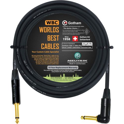  WORLDS BEST CABLES 25 Foot - Gotham GAC-1 Ultra Pro - Premium Low-Cap (21 pf/F) Guitar Bass Instrument Cable  w/Neutrik Gold Straight to Angled ¼ inch (6.35mm) TS Connectors - Custom Made by WORLDS