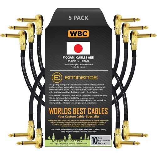  5 Units - 4 Inch - Pedal, Effects, Patch, instrument cable CUSTOM MADE By WORLDS BEST CABLES  made using Mogami 2524 wire and Eminence Gold Plated ¼ inch (6.35mm) R/A Pancake type