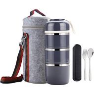 [아마존베스트]WORTHBUY Bento Lunch Box Stackable Stainless Steel Thermal Bento Box Food Storage Containers with Insulated Lunch Bag and Portable Cutlery Spoon Fork for Adults Women Men Kids (Gra