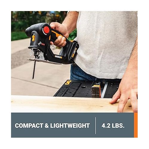  Worx 20V AXIS 2-in-1 Cordless Reciprocating Saw & Jig Saw, Orbital Cutting Reciprocating Saw, Pivoting Head Jigsaw Tool with Tool-Free Blade Change, Power Share WX550L - Battery & Charger Included