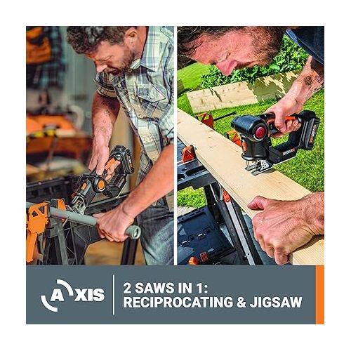  Worx 20V AXIS 2-in-1 Cordless Reciprocating Saw & Jig Saw, Orbital Cutting Reciprocating Saw, Pivoting Head Jigsaw Tool with Tool-Free Blade Change, Power Share WX550L - Battery & Charger Included