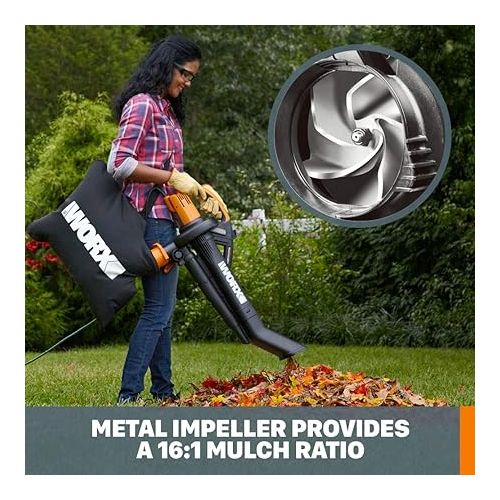  Worx WG505 TRIVAC 12 Amp 3-in-1 Electric Leaf Blower/Leaf Vacuum/Mulcher, Metal Impeller for Fine Mulching