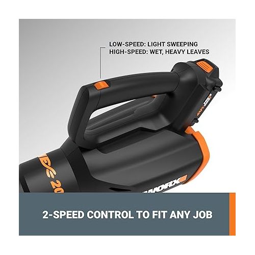  Worx 20V Cordless Leaf Blower WG547, Electric Blower, Powerful Turbine Fan Technology, 2-Speed Control, for One-Hand Operation, PowerShare - 1pc 2.0 Ah Battery and 1pc 0.4 A Charger Included