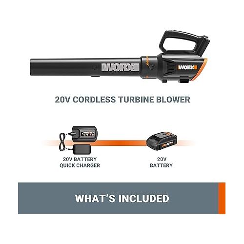  WORX Cordless Leaf Blower 20V WORXAIR Turbine Blower WG547.2 for Lawn Care Yard Work, 2 Variable Speed Control, 1 * 4.0 Ah Battery & Charger Included