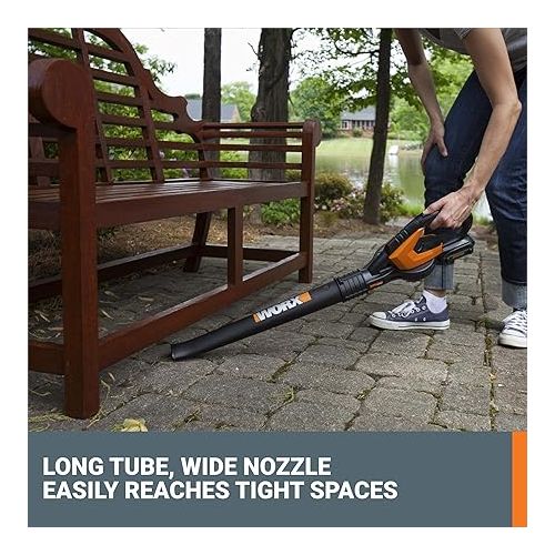  Worx 20V Cordless Leaf Blower WG545.1, Up to 120 MPH Air Speed, Long Nozzle Design for Narrow Spaces, Ideal for Indoor and Outdoor Cleaning, 9x Cleaning Attachments, Battery and Charger Included