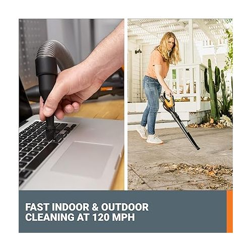  Worx 20V Cordless Leaf Blower WG545.1, Up to 120 MPH Air Speed, Long Nozzle Design for Narrow Spaces, Ideal for Indoor and Outdoor Cleaning, 9x Cleaning Attachments, Battery and Charger Included