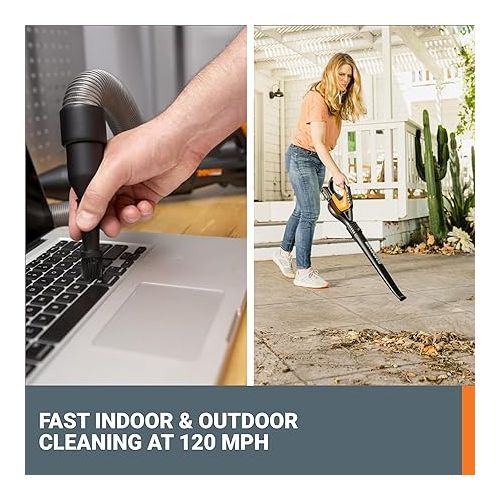  Worx 20V Cordless Leaf Blower WG545.1, Up to 120 MPH Air Speed, Long Nozzle Design for Narrow Spaces, Ideal for Indoor and Outdoor Cleaning, 9x Cleaning Attachments, Battery and Charger Included