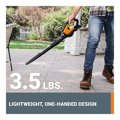  Worx 20V Cordless Leaf Blower WG545.1, Up to 120 MPH Air Speed, Long Nozzle Design for Narrow Spaces, Ideal for Indoor and Outdoor Cleaning, 9x Cleaning Attachments, Battery and Charger Included