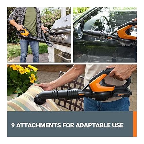  Worx 20V Cordless Leaf Blower WG545.1, Up to 120 MPH Air Speed, Long Nozzle Design for Narrow Spaces, Ideal for Indoor and Outdoor Cleaning, 9x Cleaning Attachments, Battery and Charger Included