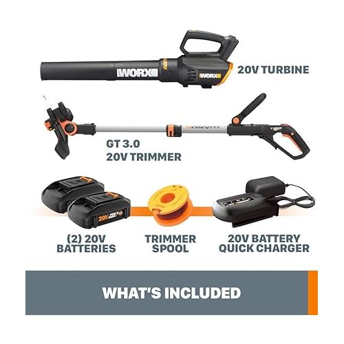  Worx 20V String Trimmer Cordless & Edger 3.0 + Leaf Blower Cordless with Battery and Charger Turbine, Black and Orange