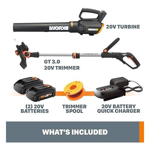  Worx 20V String Trimmer Cordless & Edger 3.0 + Leaf Blower Cordless with Battery and Charger Turbine, Black and Orange