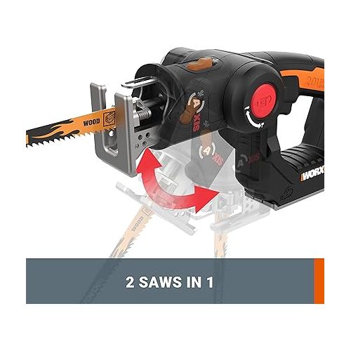  WORX 20V Cordless Power Tool Combo WX911L Drill Driver+ Reciprocating Saw+Impact Driver, AXIS JigSaw 2IN1 Multi purposed Saw, PowerShare, 2 * 2.0Ah Batteries & Charger Included