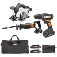 WORX 20V Cordless Power Tool Combo WX956L Drill Driver+Circular Saw+Reciprocating Saw, PowerShare, 2 * 2.0Ah Batteries & Charger Included