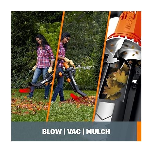  Worx WG509 TRIVAC 12 Amp 3-in-1 Electric Leaf Blower/Leaf Vacuum/Mulcher, Metal Impeller for Fine Mulching