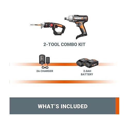  WORX 20V Cordless Power Tool Combo Kit WX914L AXIS Precision Cutting Jigsaw & 1/4 Inch Impact Driver, 2in1 Reciprocating Saw & Drill Driver, PowerShare, 2 * 2.0Ah Batteries & Charger Included