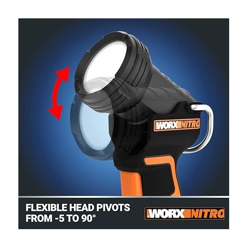  WORX Nitro 20V LED Work Light PowerShare, 160/350 Lumens Portable Light, LED Flashlight with Flexible Pivoting Head WX025L.9 - Tool Only