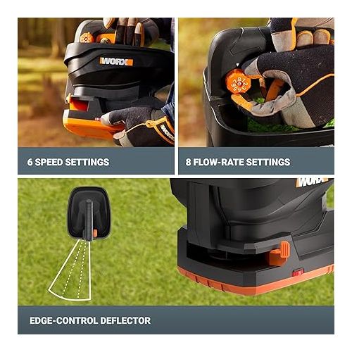  WORX 20V Cordless Seed Spreader 6-Speeds 5-Ft. Max Distance, Fertilizer Spreaders 8 Flow-Rate Settings, Broadcast Spreader Easier Than Hand Spreaders for Lawns WG869.9 - Tool Only