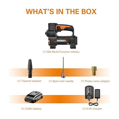  Worx WX092L 20V 2.0Ah 2 in 1 Cordless Inflator Battery and Charger Included, max. 10 Bar, Digital pressure display