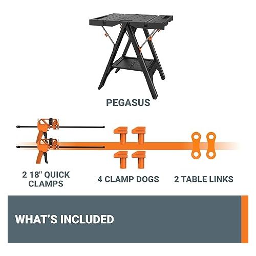  Worx Pegasus 2-in-1 Folding Work Table & Sawhorse, Easy Setup Portable Workbench, 31