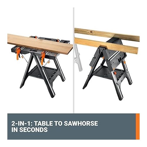  Worx Pegasus 2-in-1 Folding Work Table & Sawhorse, Easy Setup Portable Workbench, 31