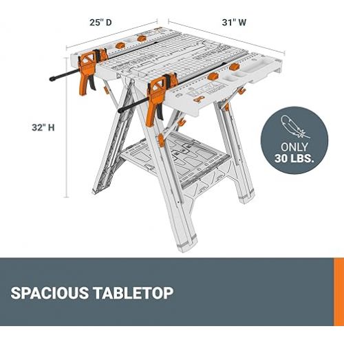  Worx Pegasus 2-in-1 Folding Work Table & Sawhorse, Easy Setup Portable Workbench, 31