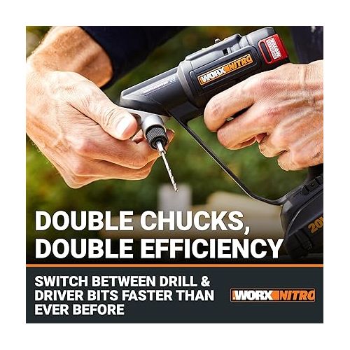  Worx Nitro 20V SwitchDriver 2.0, 2-in-1 Brushless Cordless Drill Driver, Drill Set Rotatable Dual 1/4