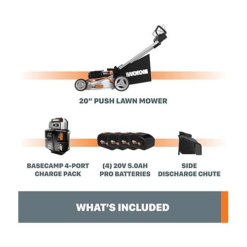  Worx Nitro 80V Cordless Self-Propelled Lawn Mower, Powerful Battery Lawn Mower with Brushless Motor, 3-in-1 Cordless Lawn Mower WG761 Power Share PRO - 2 Batteries & Basecamp Charger Included