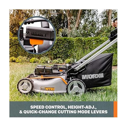  Worx Nitro 80V Cordless Self-Propelled Lawn Mower, Powerful Battery Lawn Mower with Brushless Motor, 3-in-1 Cordless Lawn Mower WG761 Power Share PRO - 2 Batteries & Basecamp Charger Included