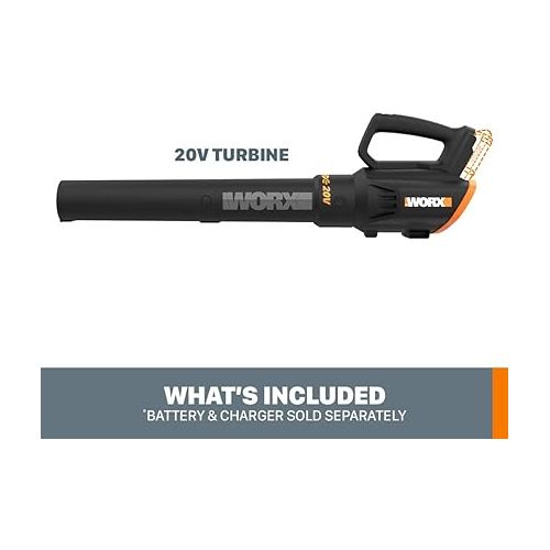  Worx 20V Cordless Leaf Blower WG547.9, Electric Blower, Powerful Turbine Fan Technology, 2-Speed Control, for One-Hand Operation, PowerShare - Bare Tool Only
