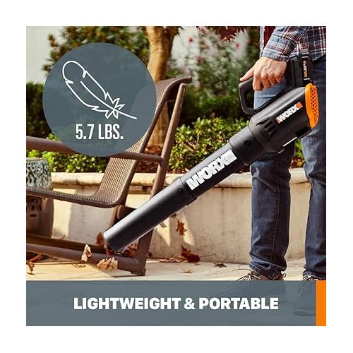  Worx 20V Cordless Leaf Blower WG547.9, Electric Blower, Powerful Turbine Fan Technology, 2-Speed Control, for One-Hand Operation, PowerShare - Bare Tool Only