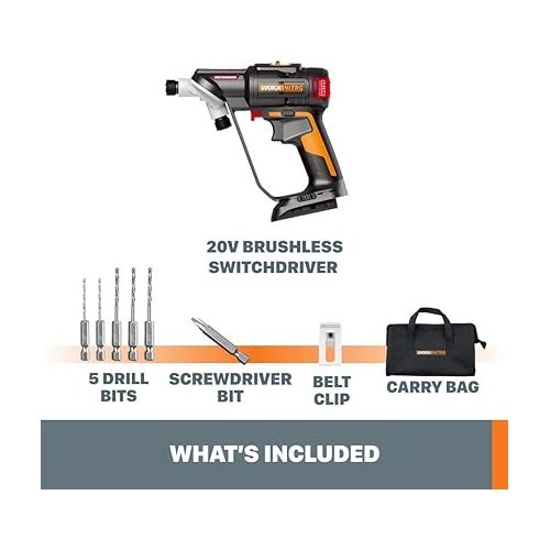  Worx Nitro 20V SwitchDriver 2.0, 2-in-1 Brushless Cordless Drill Driver, 2-in-1 Drill Set Rotatable Dual 1/4