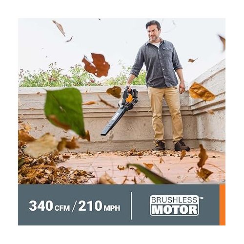  Worx 40V 3-in-1 Leaf Blower Vacuum Mulcher, Cordless with Brushless Motor, Battery & Charger - 2 Batteries Included