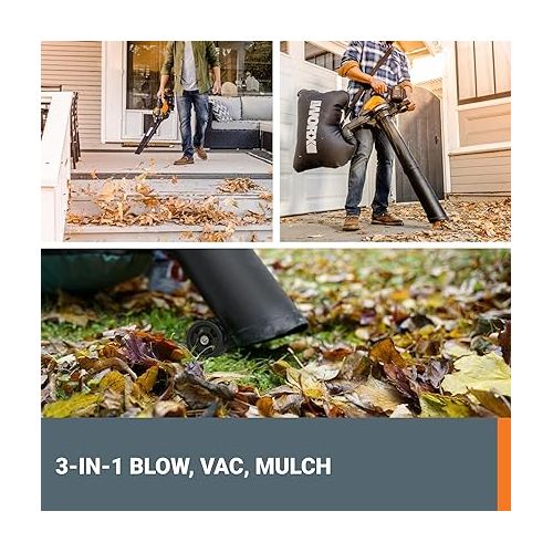  Worx 40V 3-in-1 Leaf Blower Vacuum Mulcher, Cordless with Brushless Motor, Battery & Charger - 2 Batteries Included