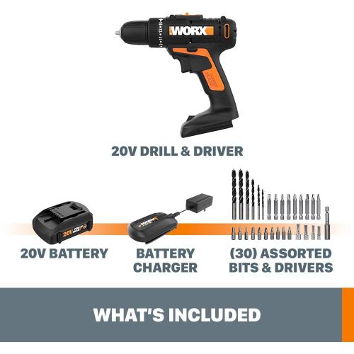  WORX 20V Cordless Drill Driver WX101L.4 with 30 Drilling&Driving Bit Set Battery and Charger Included