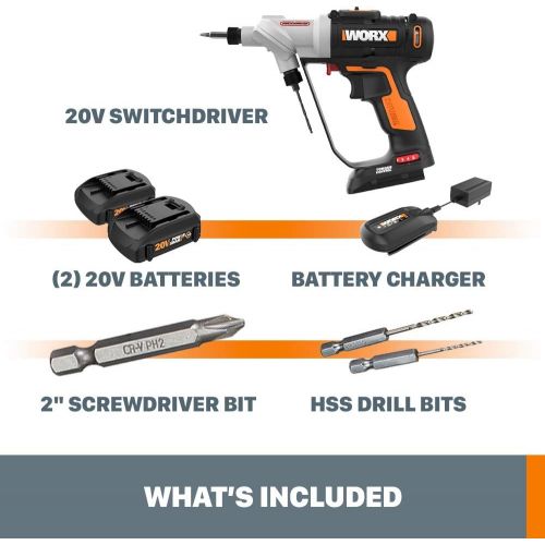  Worx WORX WX176L 20V Switchdriver 2-in-1 Cordless Drill and Driver with Rotating Dual Chucks and 2-Speed Motor with Precise Electronic Torque Control