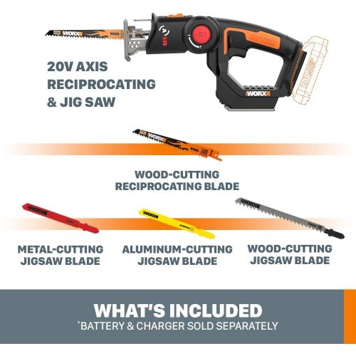  Worx WORX WX550L 20V AXIS 2-in-1 Reciprocating Saw and Jigsaw with Orbital Mode, Variable Speed and Tool-Free Blade Change