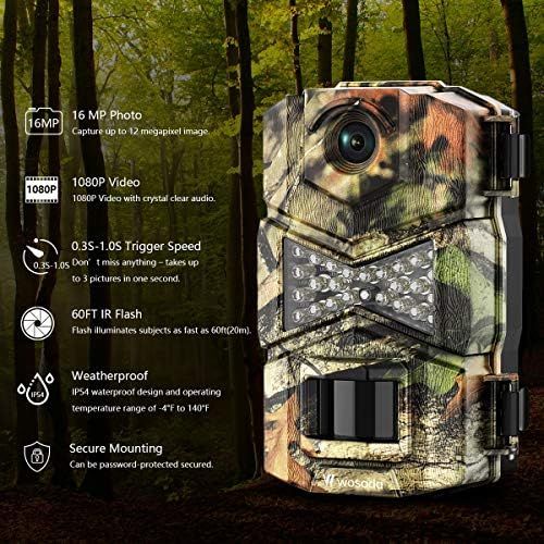  [아마존베스트]WOSODA Trail Camera, Waterproof 16MP 1080P Hunting Game Camera, Wildlife Camera with IR LEDs Night Vision, for Home Security Wildlife Monitoring Hunting