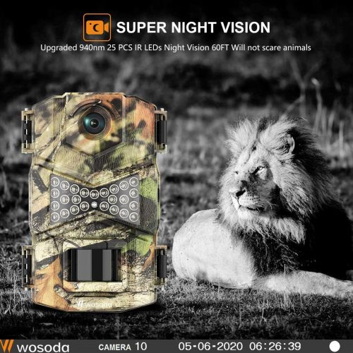  [아마존베스트]WOSODA Trail Camera, Waterproof 16MP 1080P Hunting Game Camera, Wildlife Camera with IR LEDs Night Vision, for Home Security Wildlife Monitoring Hunting