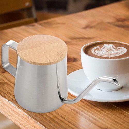  WOVELOT 350 Ml Lange Schmale Auslauf Kaffee Kanne Gooseneck Wasser Kocher Edelstahl Hand Tropf Wasser Kocher Gie？en ueber Kaffee und Tee Kanne mit Holz Abdeckung