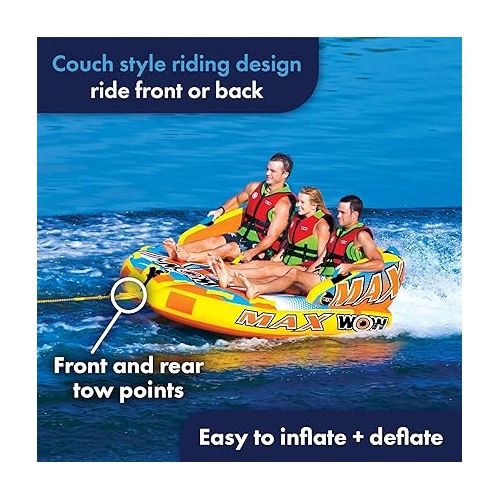  WOW Sports - Max Inflatable Towable Deck Tube - Boating Accessory - Fits Kids & Adults - Up to 3 Riders