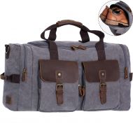 WOWBOX Duffel Bag Canvas Genuine Leather Weekend Bag for Men and Women Oversized Travel Gym Carry On Bag Tote Luggage Grey