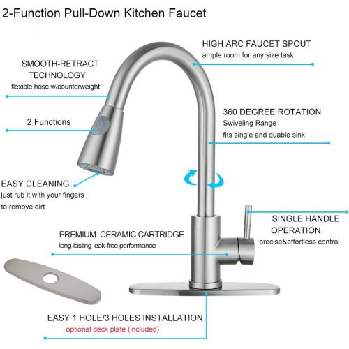  [아마존 핫딜]  [아마존핫딜]WOWOW Single Handle High Arc Pull Out Sprayer Kitchen Faucet Lead-free Stainless Steel Kitchen Sink Faucet 360 Swivel Modern Brushed Nickel Pull Down Head Commercial Faucets with D