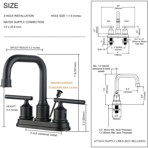  WOWOW Bathroom Faucet Black 4 inch Bathroom Sink Faucet Centerset Lift Rod Drain Stopper 2 Handle Lavatory Commercial Contemporary Faucet High Arc Brass Faucets for Bathroom