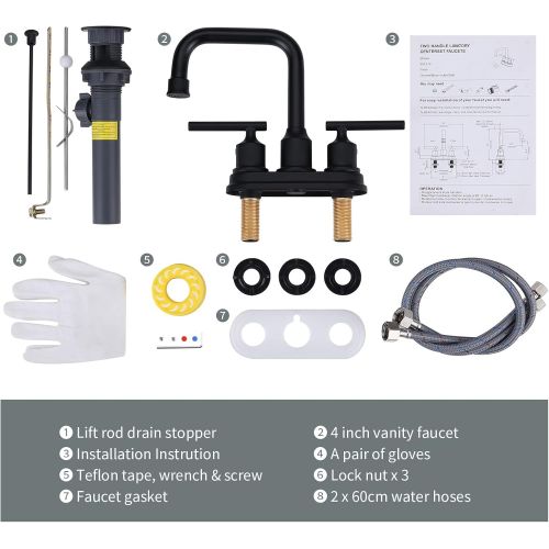  WOWOW Bathroom Faucet Black 4 inch Bathroom Sink Faucet Centerset Lift Rod Drain Stopper 2 Handle Lavatory Commercial Contemporary Faucet High Arc Brass Faucets for Bathroom