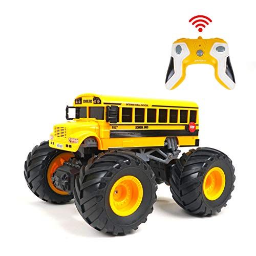  WOWRC Remote Control Fire Truck RC School Bus with Sounds Lights Rechargeable 2.4GHz Monster Trucks Toy for Kids, Boys, Toddlers (Yellow)