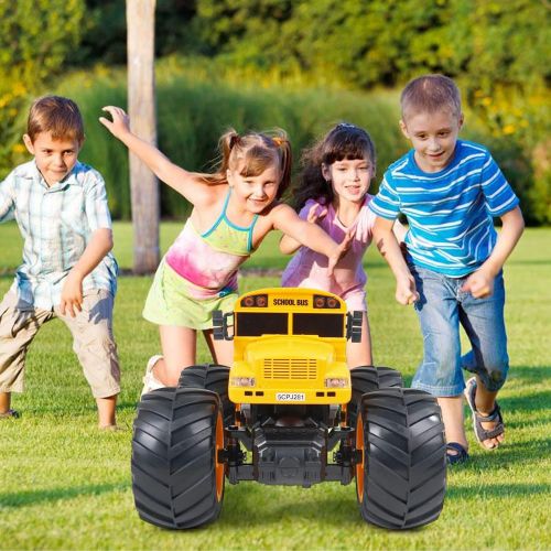  WOWRC Remote Control Fire Truck RC School Bus with Sounds Lights Rechargeable 2.4GHz Monster Trucks Toy for Kids, Boys, Toddlers (Yellow)